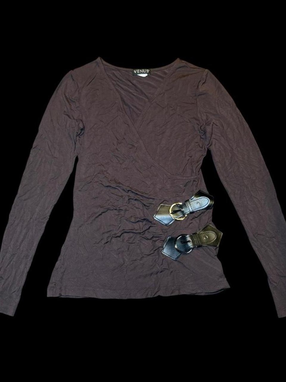 VENUS Long Sleeve Wrap Top in Brown with Belt Detail